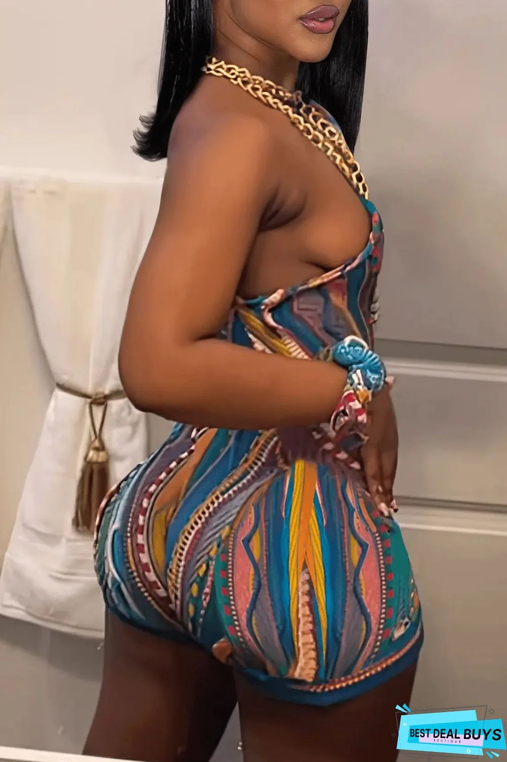 Abstract printing Slash Shoulder Jumpsuit