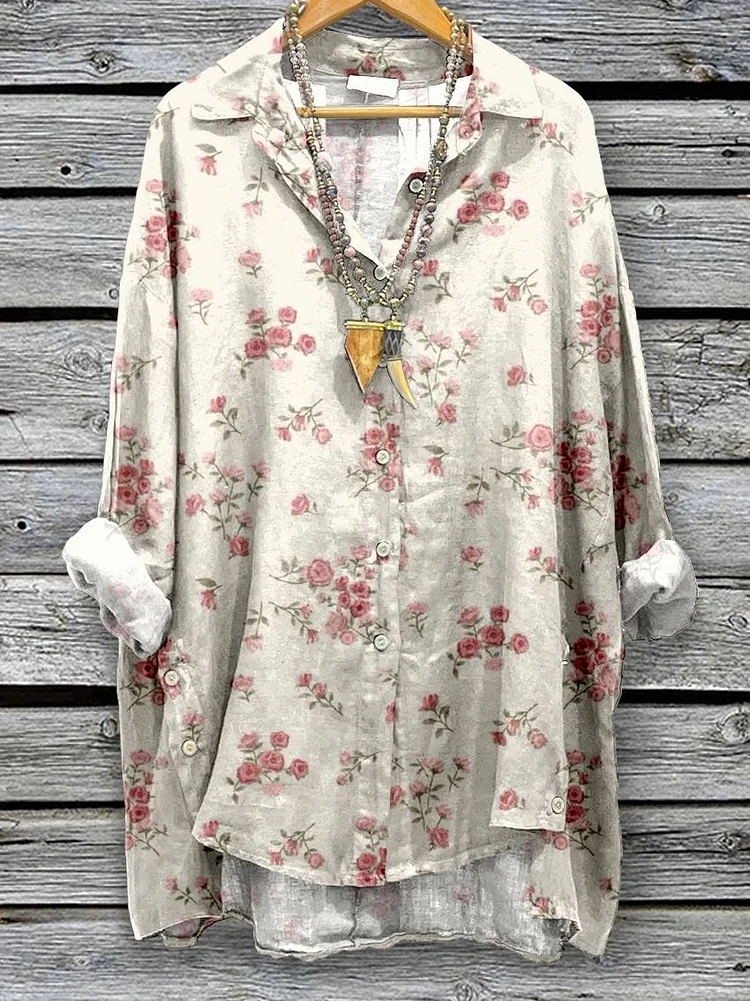 Women's Rose Flowers Floral Print Casual Cotton And Linen Shirt