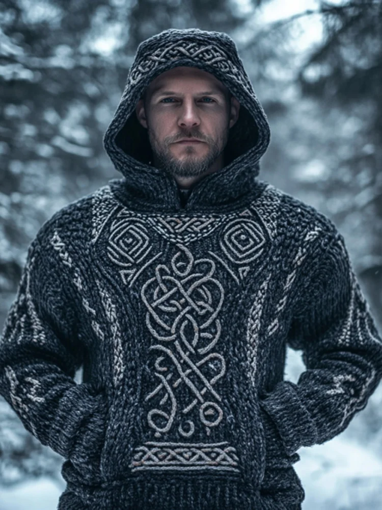 Men's Vintage Viking Inspired Celtic Jacquard Hooded Sweater