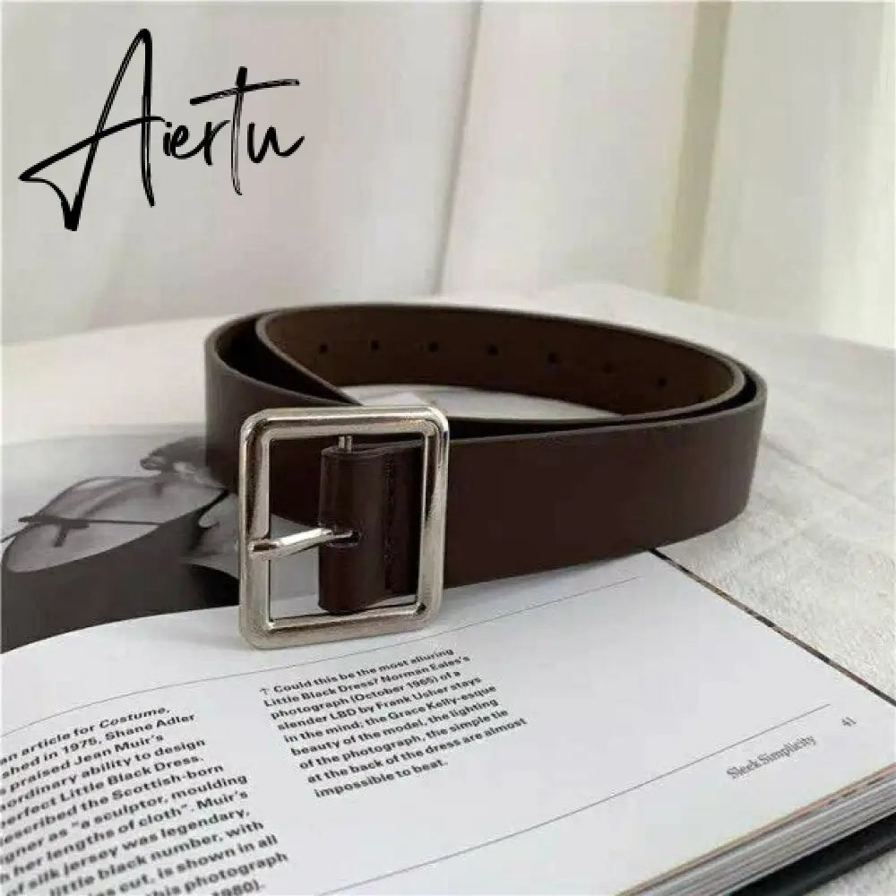 PU Leather Belt Women Square Buckle Metal Pin Buckle Jeans Black Belt Chic Luxury Brand Vintage Belt Female Aiertu