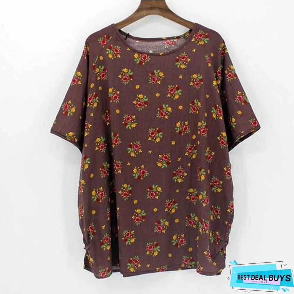 Plus Size Women Batwing Casual Tops Tees Floral Print Cotton Linen Blouses
