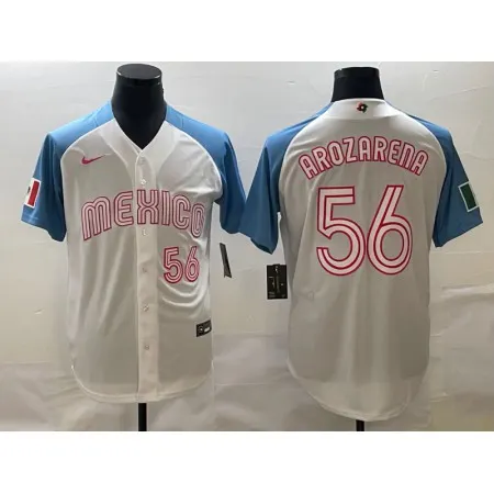 Men's Mexico Baseball #56 Randy Arozarena 2023 White Blue World Baseball Classic Stitched Jersey HTIM