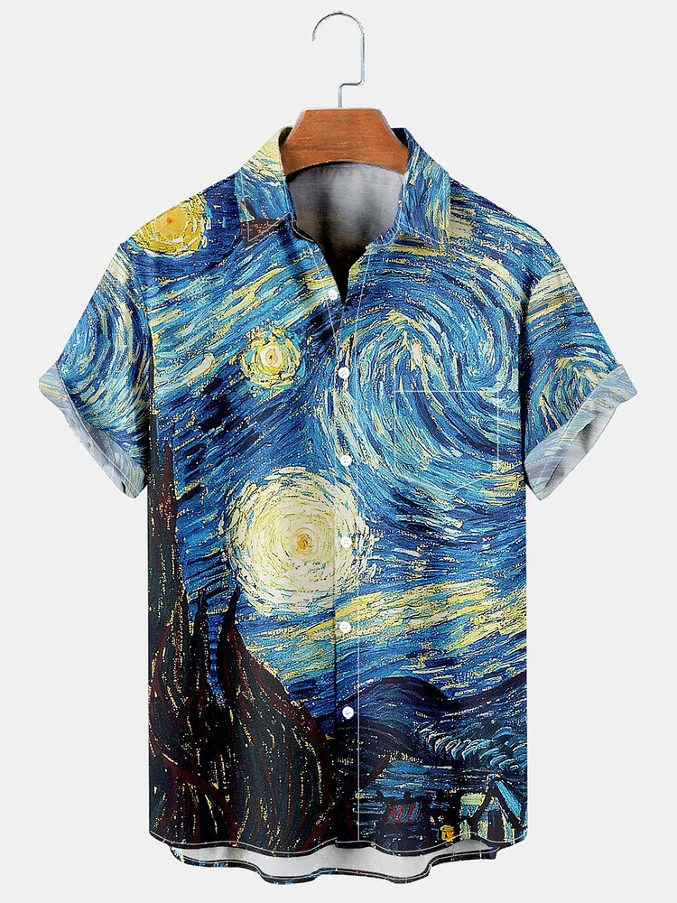 Mens Retro The Starry Night Lapel Loose Short Sleeve Funky Hawaiian Shirts
