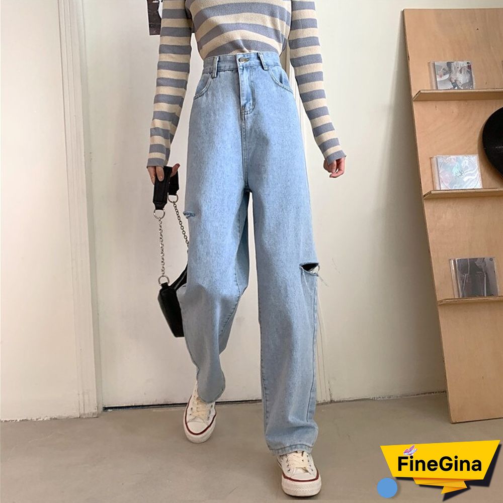 Woman Jeans Ripped High Waist Clothes Wide Leg Denim Clothing Streetwear Vintage Quality Fashion Harajuku Straight Pants