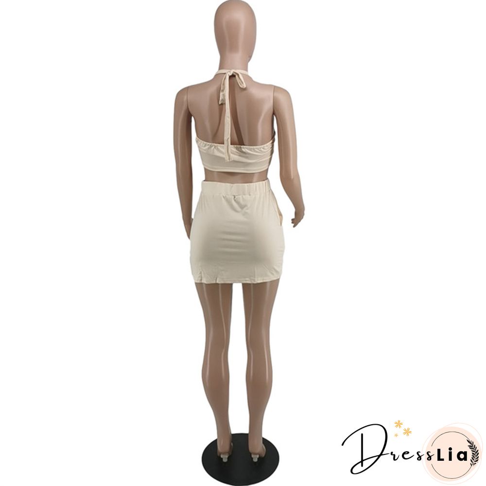 Plus Size Summer Solid Women Square Neck Sleeveless Crop Top+Elastic Waist Mini Skirt 2 Piece Set