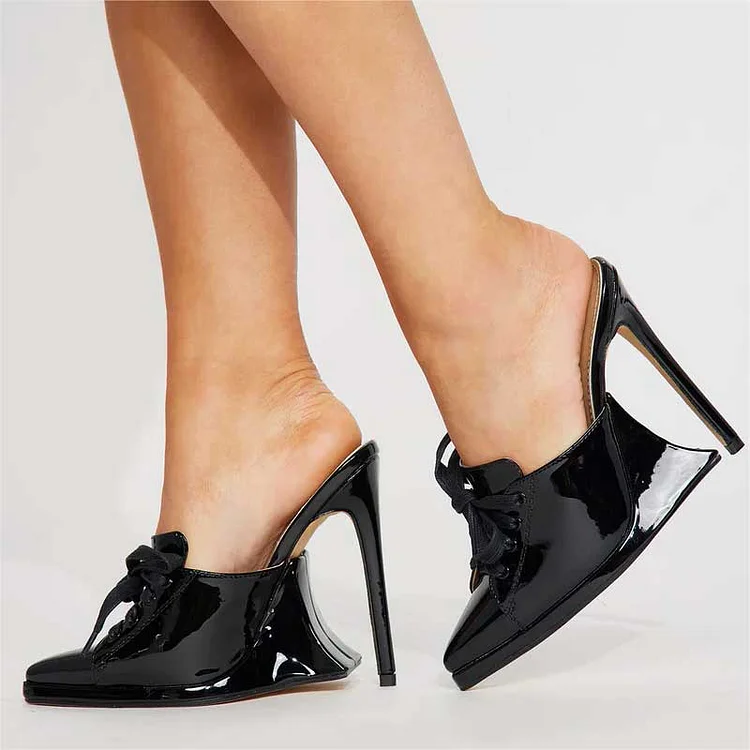 Custom Made Black Patent Leather Pointy Toe Lace-up Mule Heels |FSJ Shoes