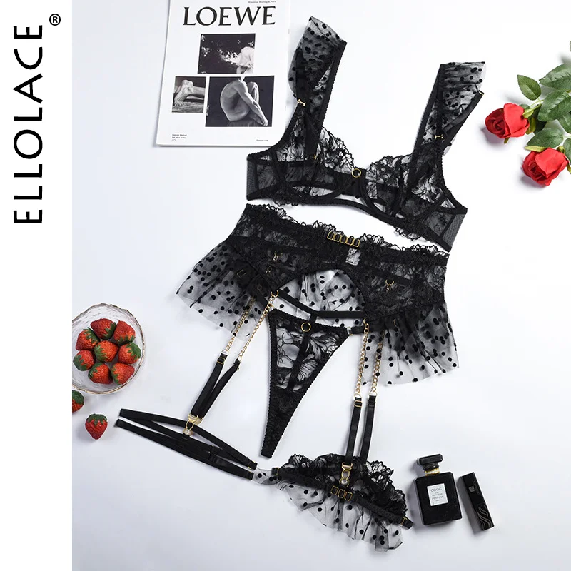 Billionm Luxury Lace Lingerie Delicate Fancy Underwear Polka Dots Ruffles Transparent Sensual Exotic Sets With Garters 5-Pieces