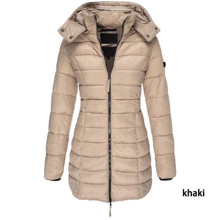Winter Women's Mid-length Padded Jacket Warm Solid Color Hooded Jacket