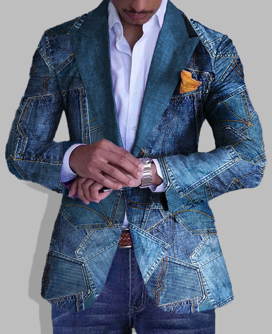 Business Turndown Collar Chest Pocket Washed Denim Blazer