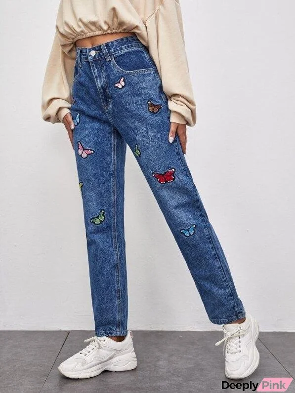 Slant Pocket Butterfly Embroidered Straight Jeans for Women
