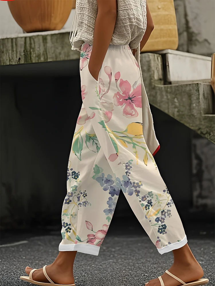 Women's Floral Print Straight-Leg Pants - Lightweight Breathable Casual Trousers With Elastic Waistband, Machine Washable Spring Summer Lounge Pants For Casual Attire, Comfortable Clothing | Soft Fabric Trouser
