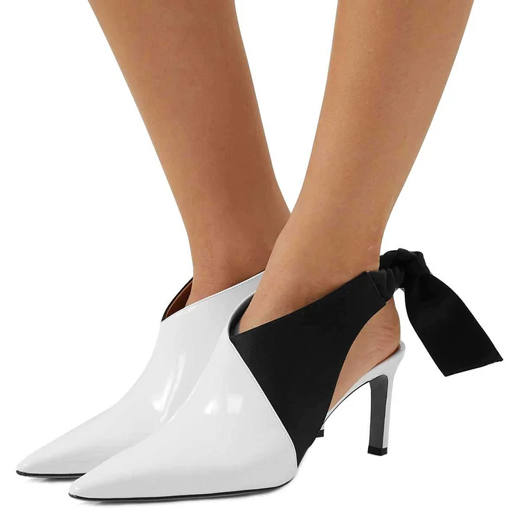 White and Black Chukny Heels Pointy Toe Bow Slingback Pumps |FSJ Shoes