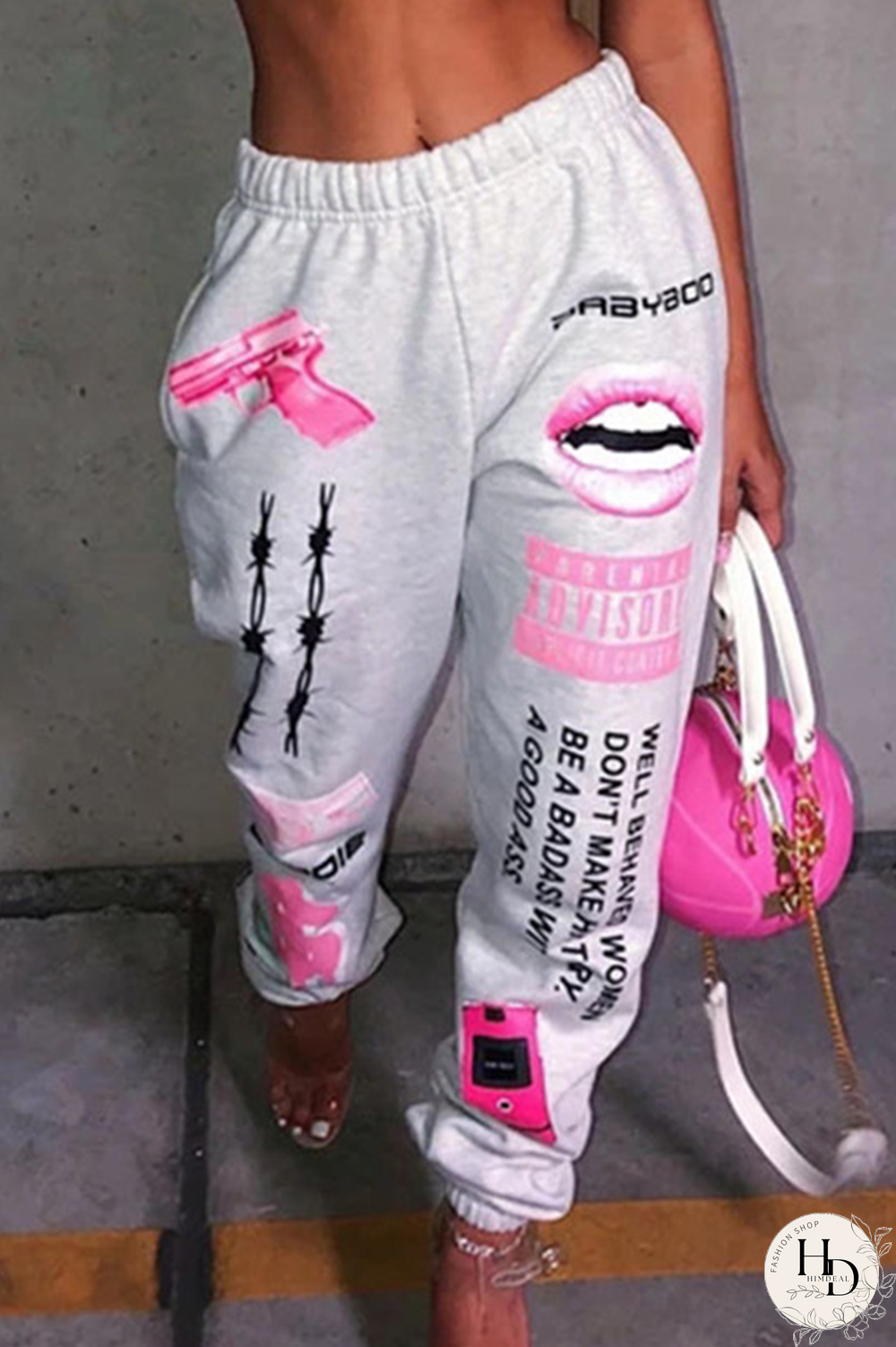 Gray White Street Print Loose Harlan Full Print Bottoms