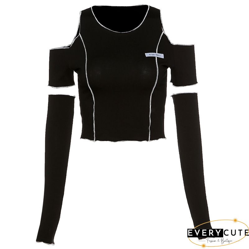 Sexy crop top for women-stylish patchwork cold shoulder long sleeve Round-neck t-shirt