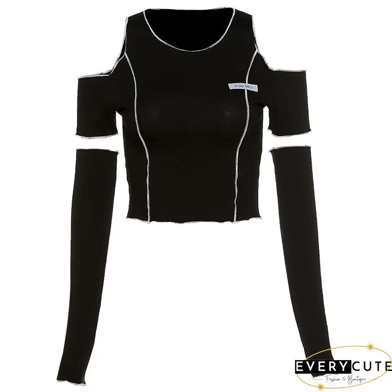 Sexy crop top for women-stylish patchwork cold shoulder long sleeve Round-neck t-shirt