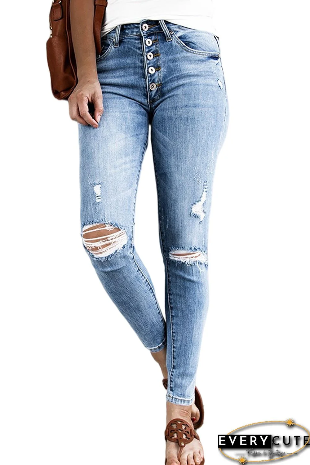 High Rise Button Fly Distressed Slim-fit Jeans