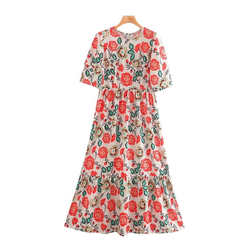 TRAF Women Chic Fashion Floral Print Ruffled Midi Dress Vintage Short Sleeve Back Zipper Female Dresses Vestidos Mujer