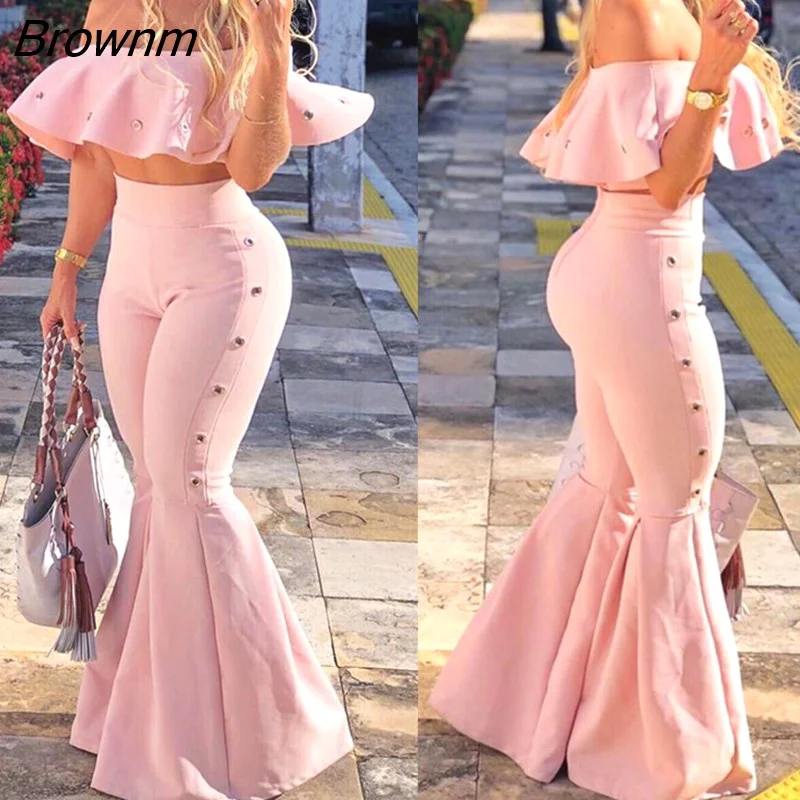 Brownm Women Two Piece Outfits Off Shoulder Ruffle Crop Tops and Flare Pants 2 Piece Set Summer Club Party Festival Set 425-1