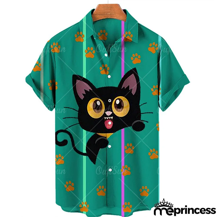 Men Fashion Casual Party Holiday Kitten 3D Pattern Short Sleeve Lapel Plus Size Shirt