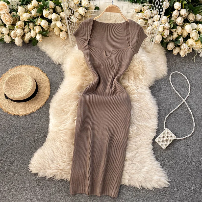 Croysier Spring Summer Short Cap Sleeve Knitted Sexy Bodycon Dress Back Slit Square Neck Casual Vintage Elegant Midi Dress Women