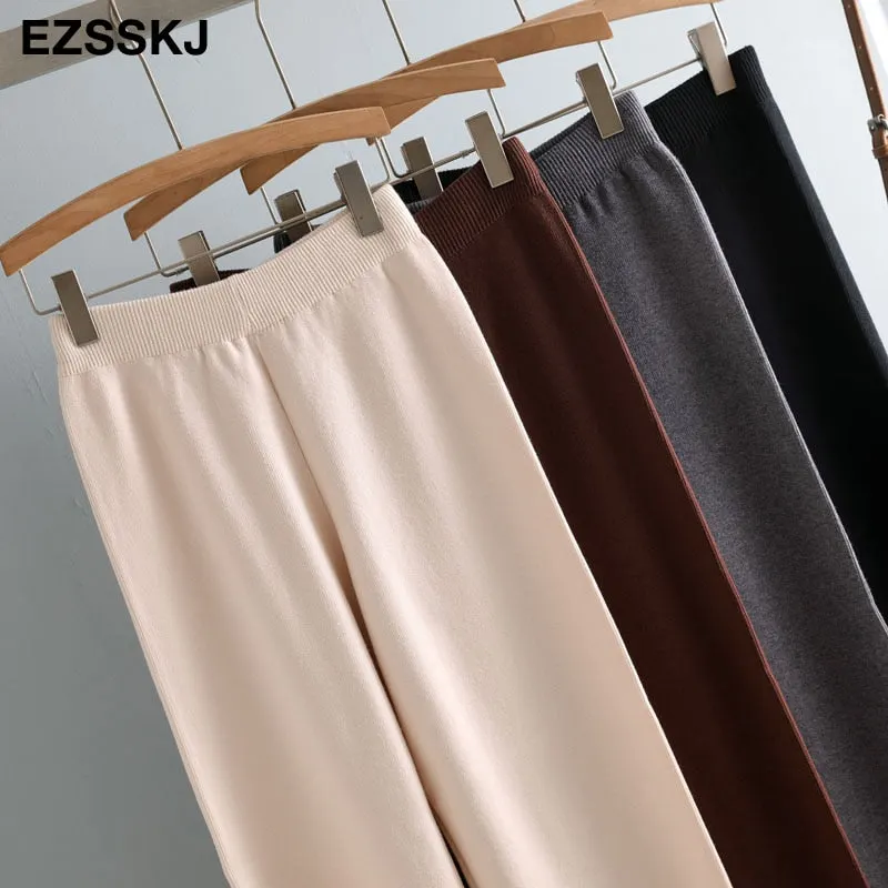 Women Elastic Waist  BUTTON Trousers Thick Knitted Harem Pants Autumn Winter Sport pants sweater Knitted Carrot pants