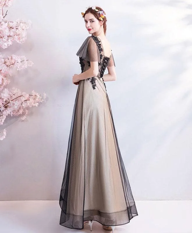 Black V Neck Lace Tulle Long Prom Dress, Black Evening Dress