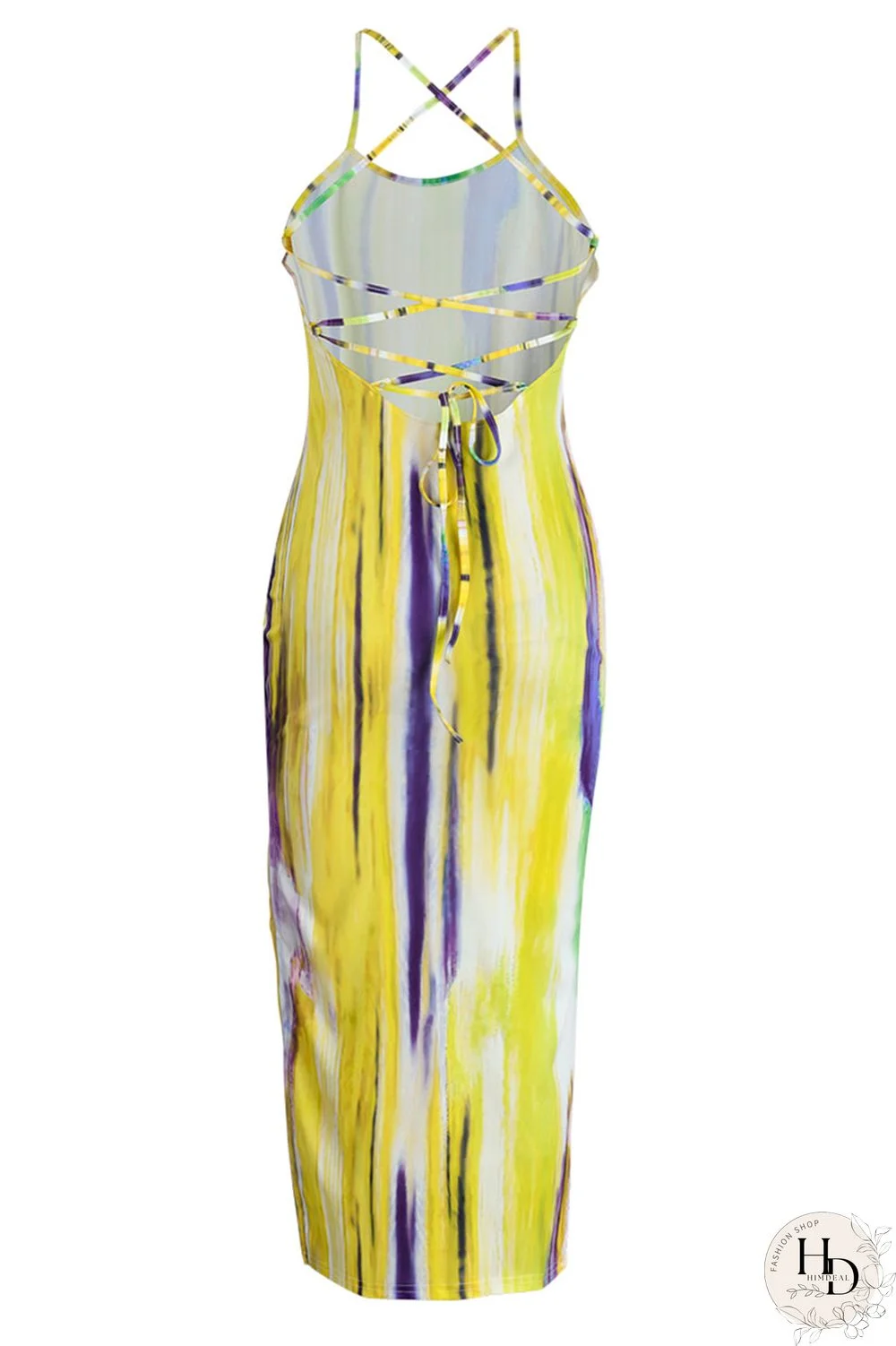 Yellow Sexy Print Hollowed Out Patchwork Slit Spaghetti Strap One Step Skirt Dresses
