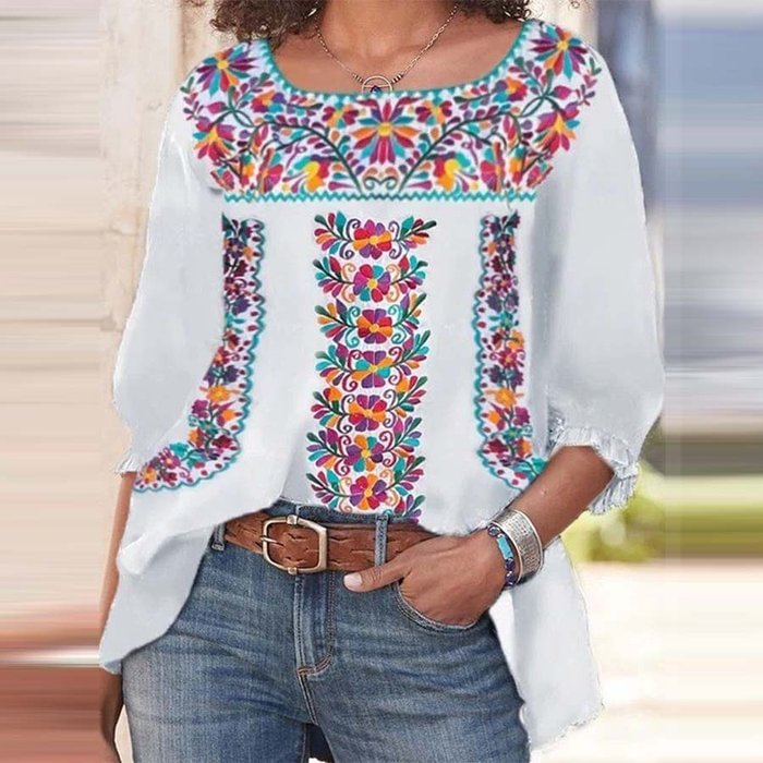 Ethnic Style Short Sleeve Floral Print T-shirt