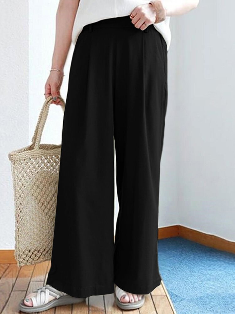 Solid Elastic Waist Back Pocket Wide Leg Casual Pants - Life is Beautiful for You - SheChoic