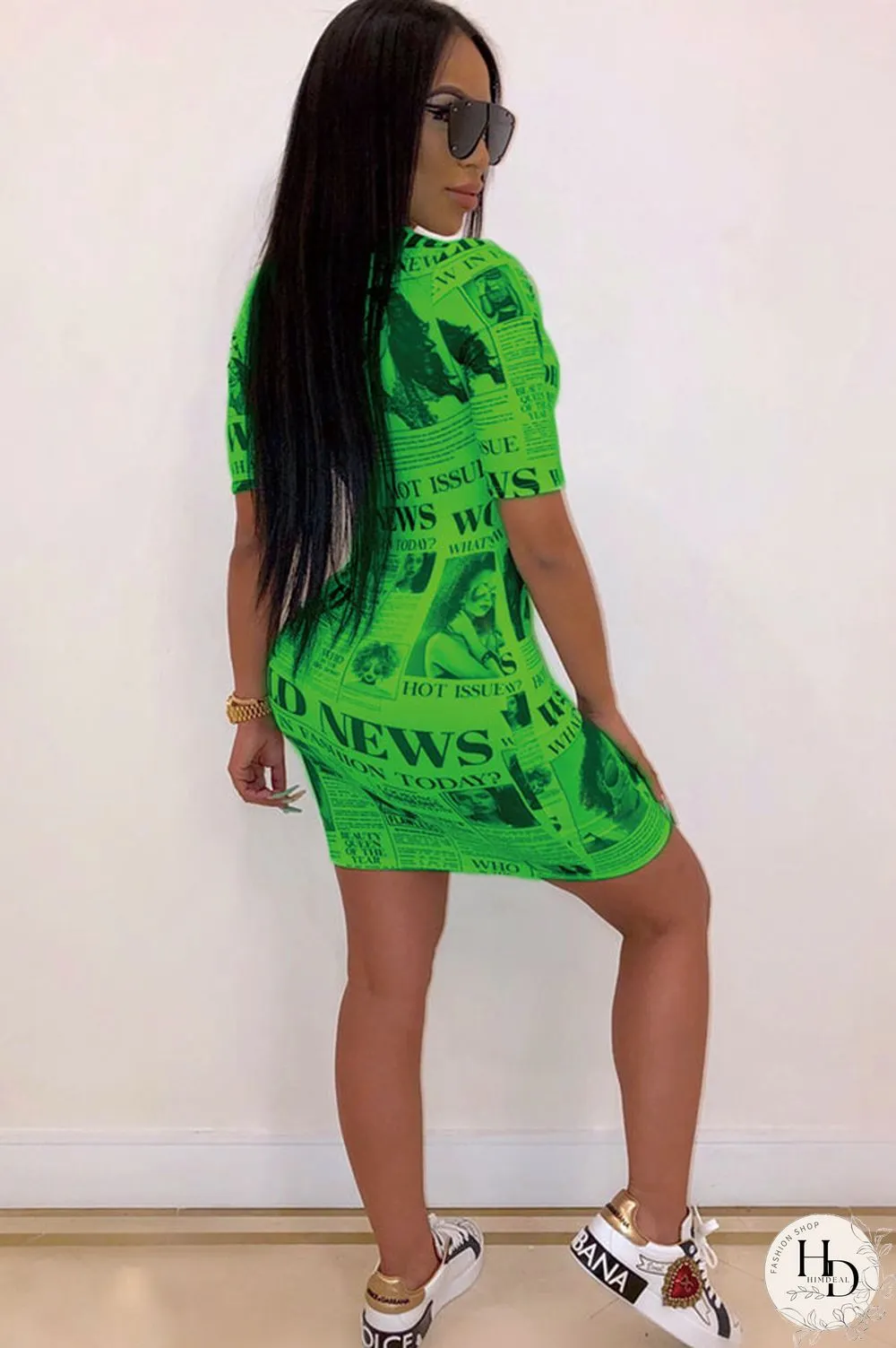 Green Polyester Sexy Cap Sleeve Short Sleeves O neck Step Skirt Mini Patchwork Print Club Dresses