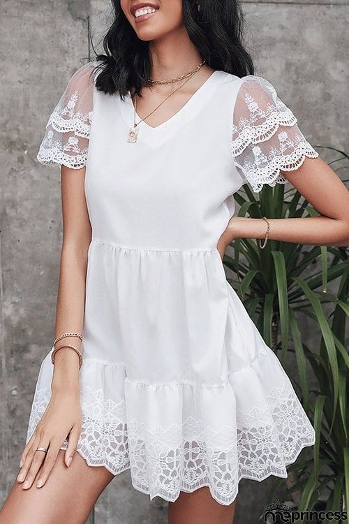 Lace V Neck Pockets Mini Dress