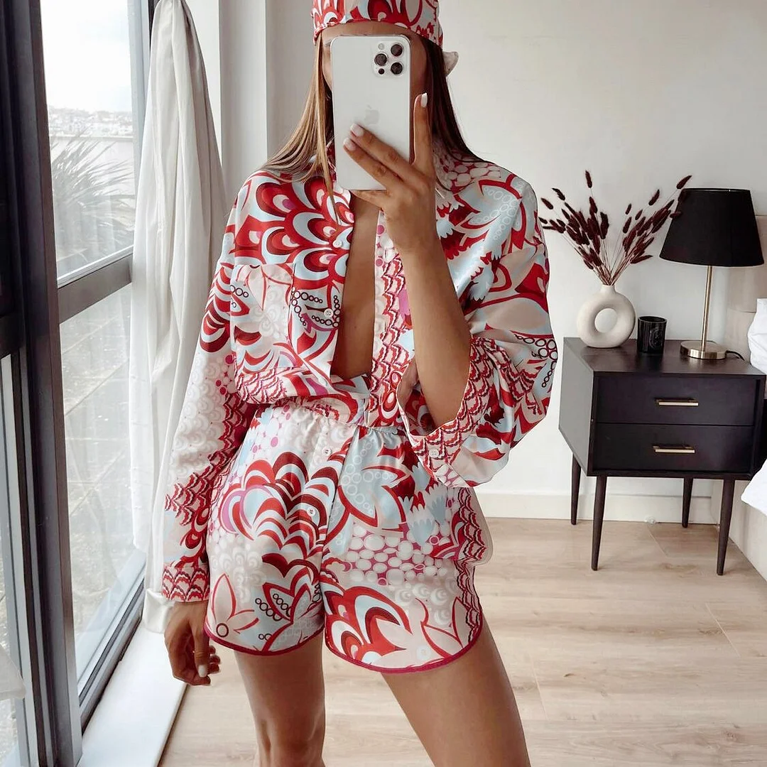 Bohemian Print 3 Piece Sets Women Long Sleeve Blouses Top Shirt Mini Short Y2K Aesthetic Vintage Summer Vacation Matching Suit