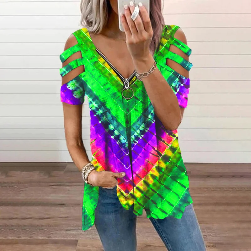 Rainbow striped zipper casual graphic tees
