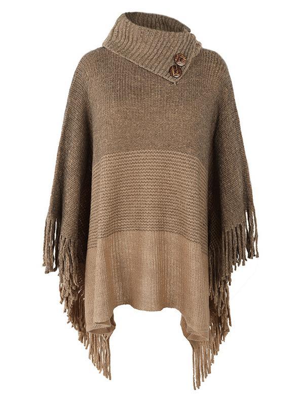 Women's Scoop Neck 3/4 Sleeve Knit Shawl Fringed Hem Colorblock Sweater Top