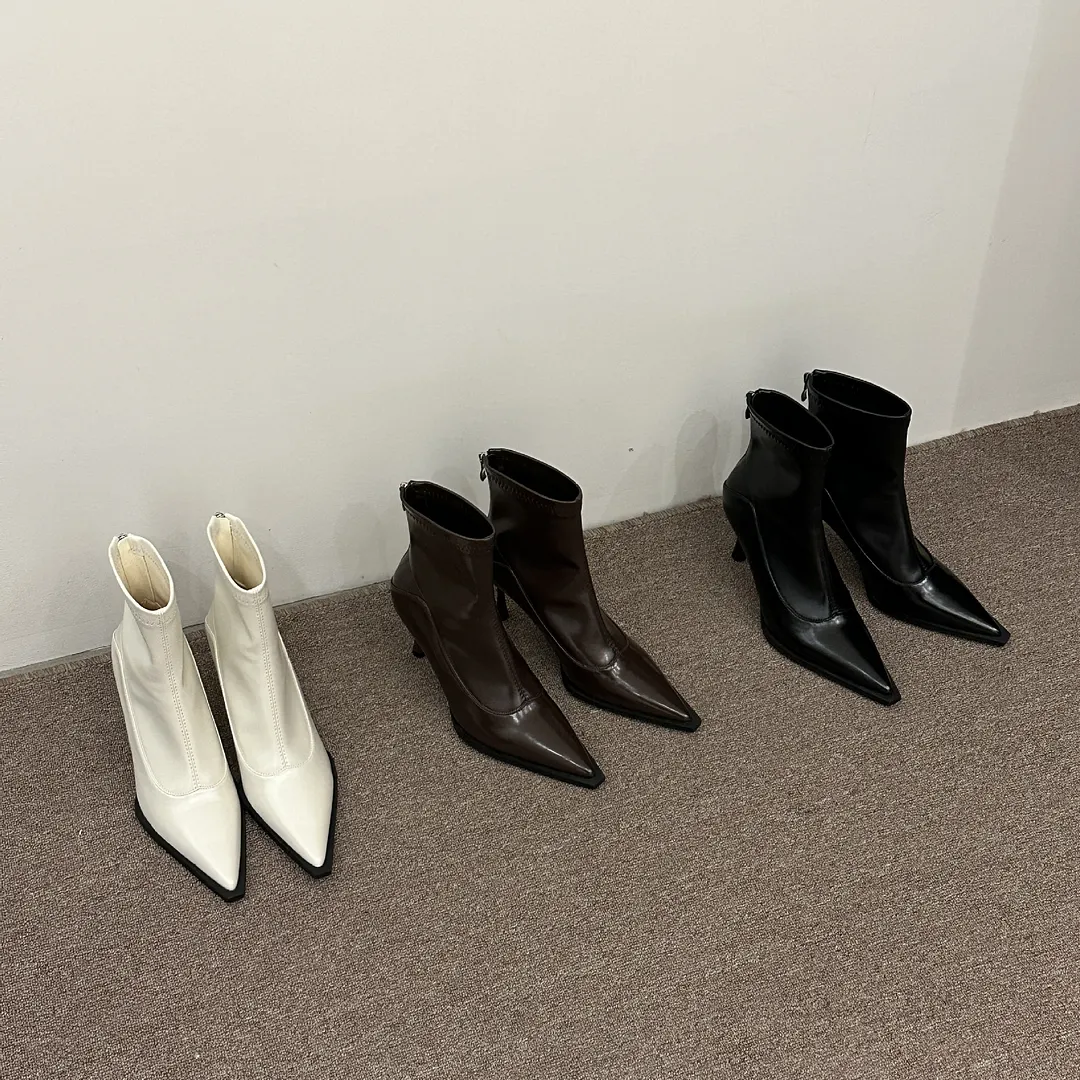 Churchf Churchf Autumn And Winter 2023 Thin Boots ~ Thin Heel, High Heel, Pointed Head, Soft Leather, Rear Zipper Korean Version Of Versatile Short Boots