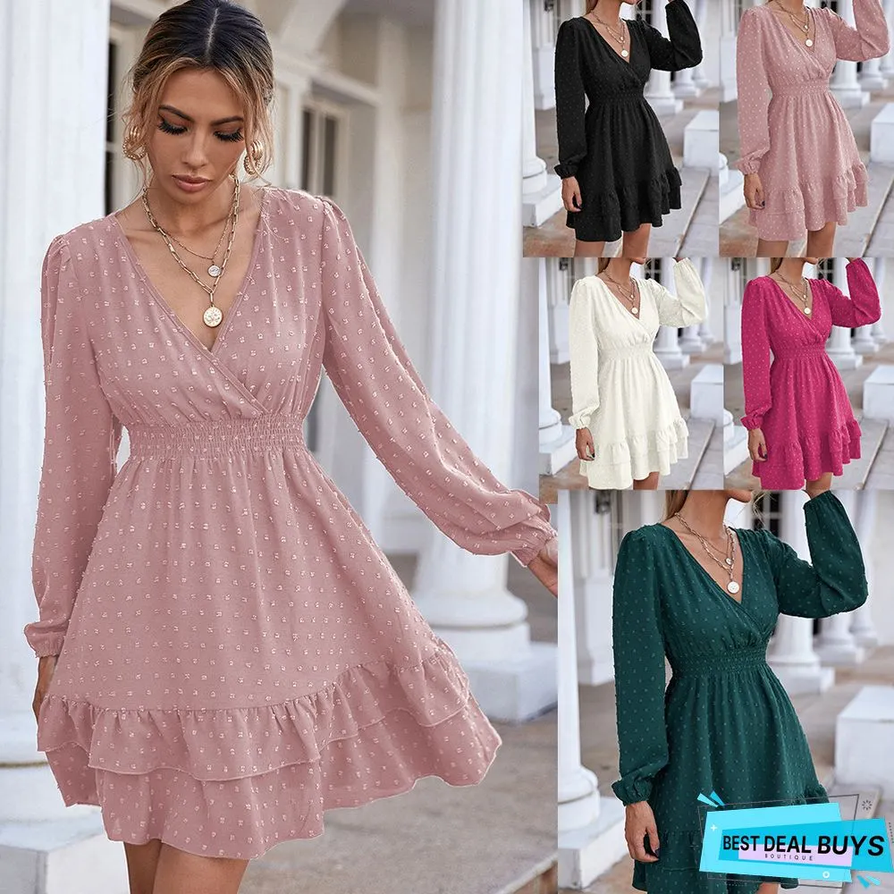 V-Neck Long-Sleeve Flounces Trim Commuter Dress For Women