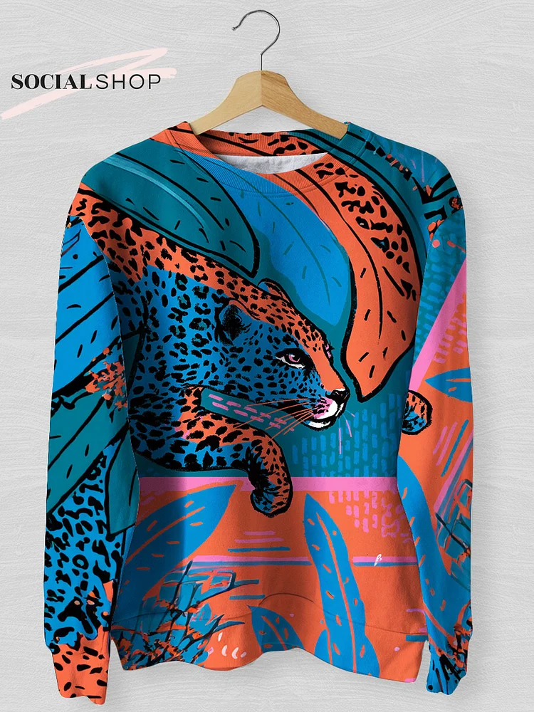 Color Block Leopard Floral Art Casual Long Sleeve Top socialshop