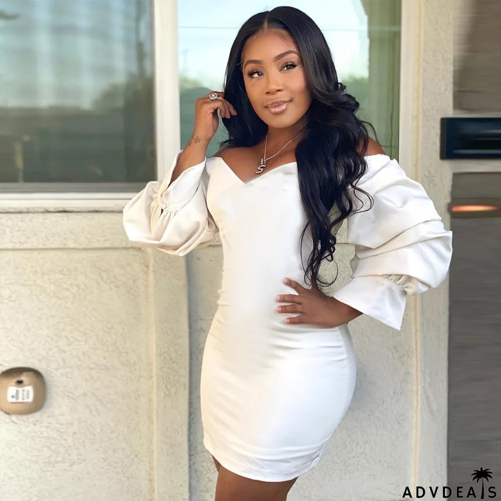 Solid V Neck Long Sleeve Mini Dress