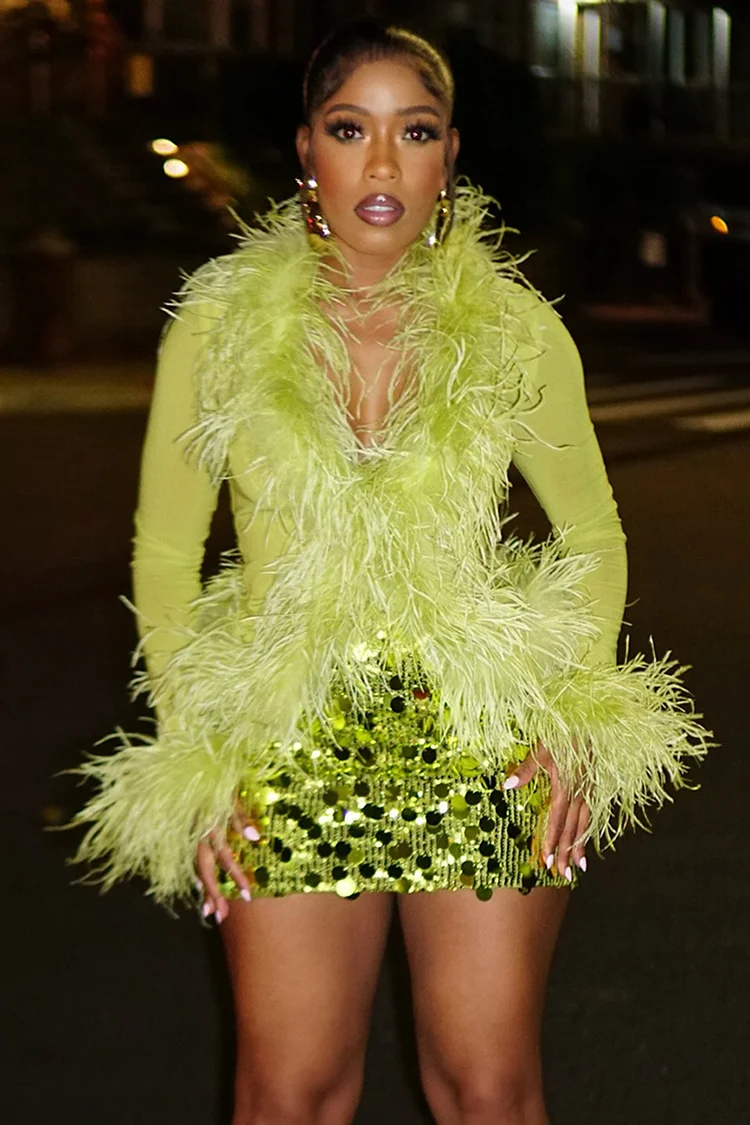 V Neck Feather Top Disco Sequin Mini Skirt Party 2pcs Set-Green