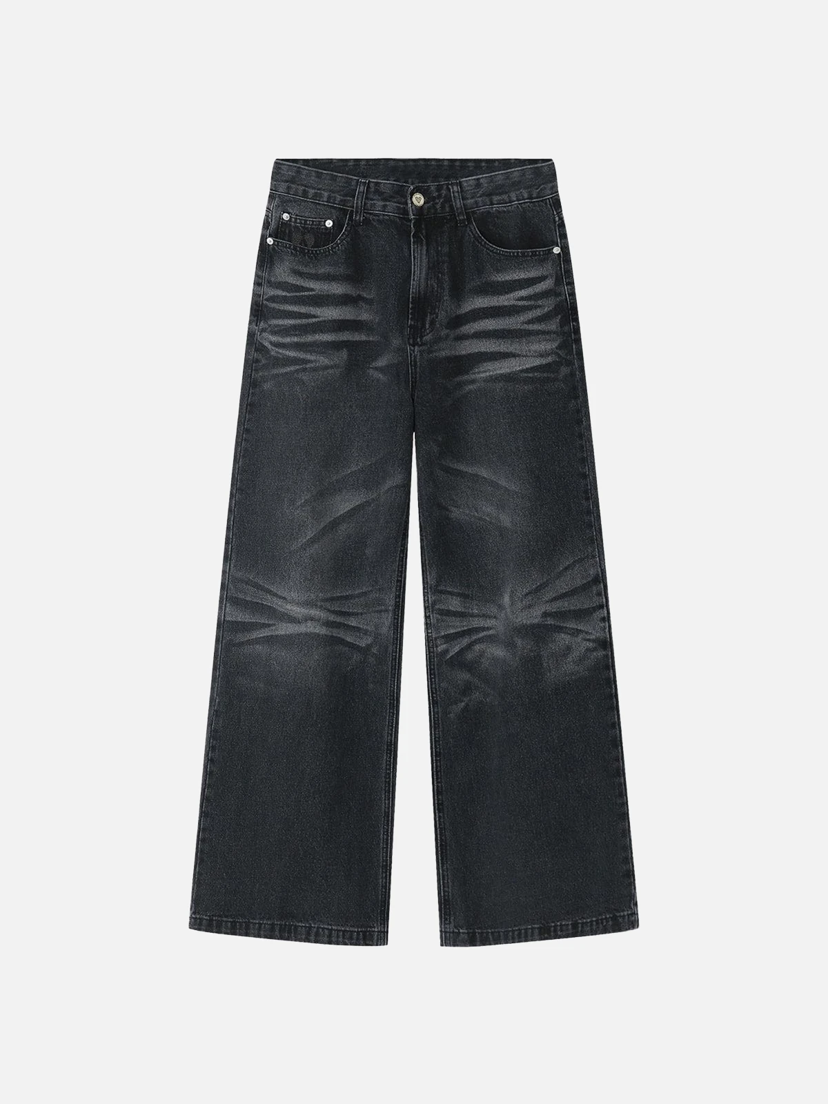 Black Act Chic Vintage Washed Folds Loose Jeans Front