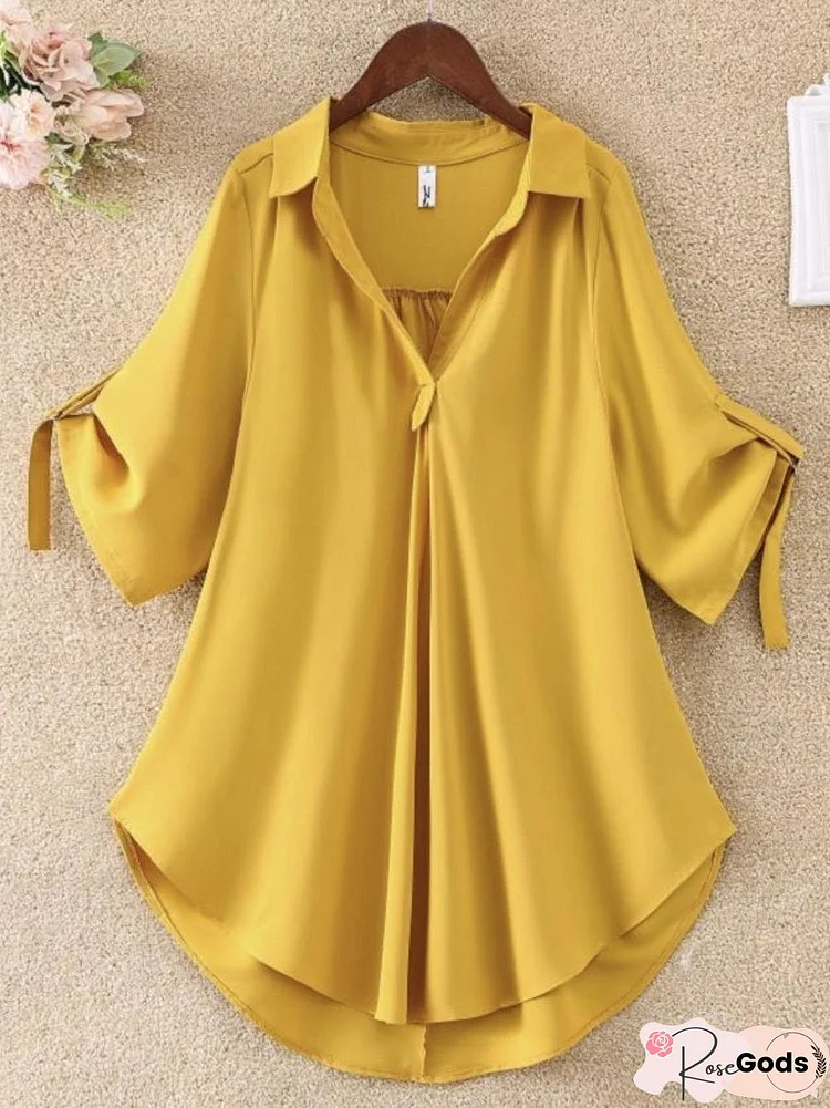 V-Collar Plain Color Loose Chiffon Short-Sleeved Shirt