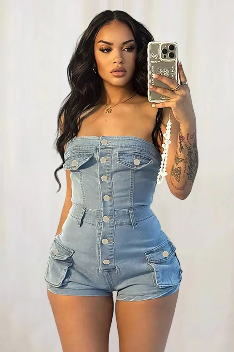 Boat Neck Strapless Button Up Pockets Denim Playsuit Romper-Gray