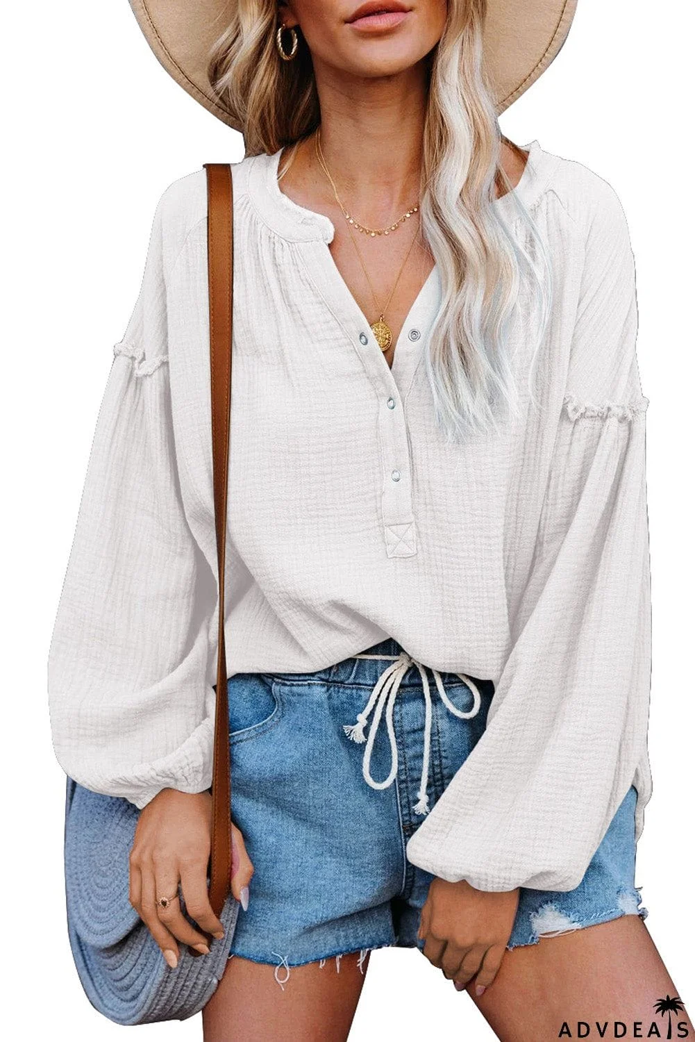 Casual Balloon Sleeve Crinkled Top