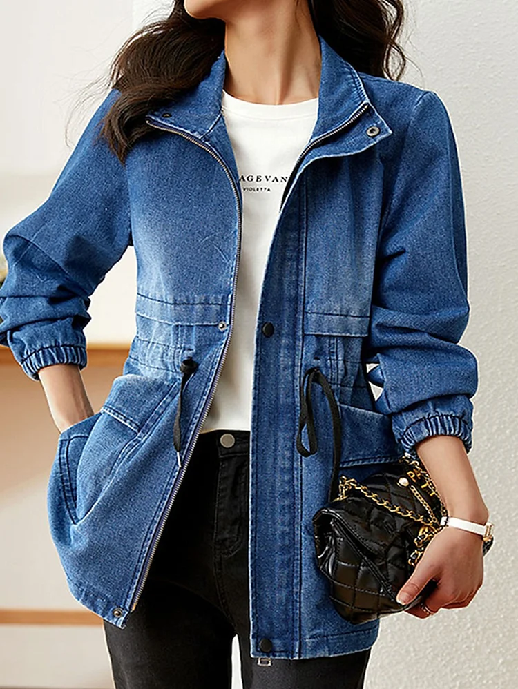 Daily Washed Zipper Shirred Waist Drawstring Denim Jacket