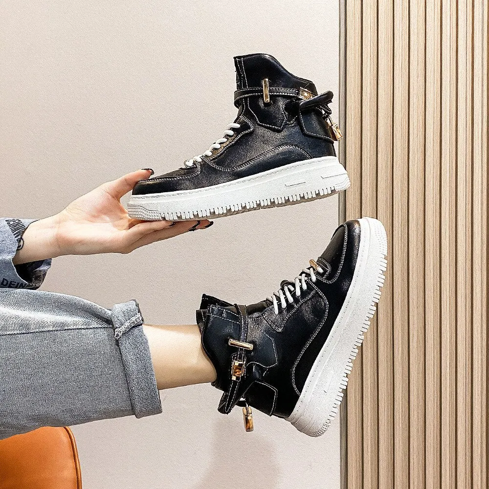 Autumn New Cowhide High Top Shoes Fashion Trend Women's Sneakers Breathable Sports Shoes Female Casual Sneakers Off White Shoes