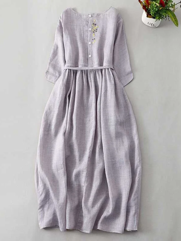 Women's embroidered mid-length loose dress with wide hem, simple casual long dress socialshop