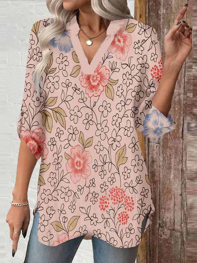 Women Floral,Red,Pink DZGA0252 3/4 Sleeve V-neck Printed Graphic Button Tops