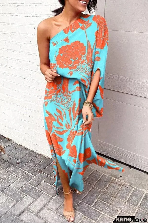 Rosie Printed One Shoulder Split Hem Maxi Dress