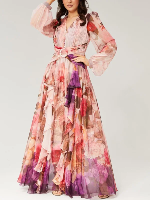 V-neck Colorful Printed Chiffon Maxi Dress