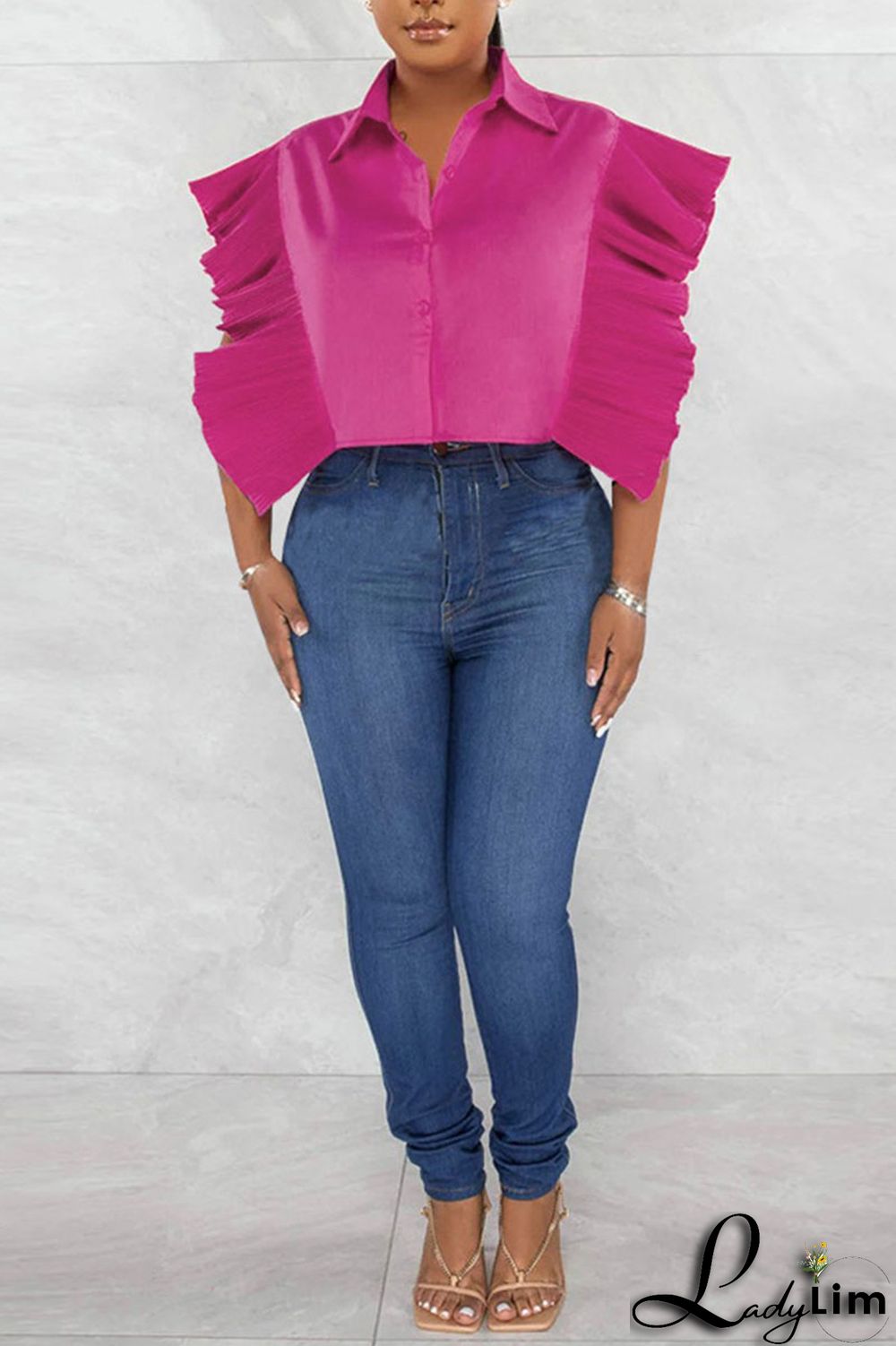 Rose Red Casual Solid Patchwork Buckle Flounce Turndown Collar Tops